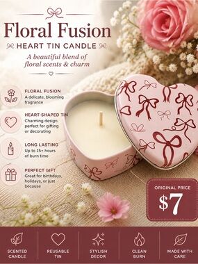 Floral Fusion Heart Tin Candle with Bows 4 oz Pink Gift Candle
